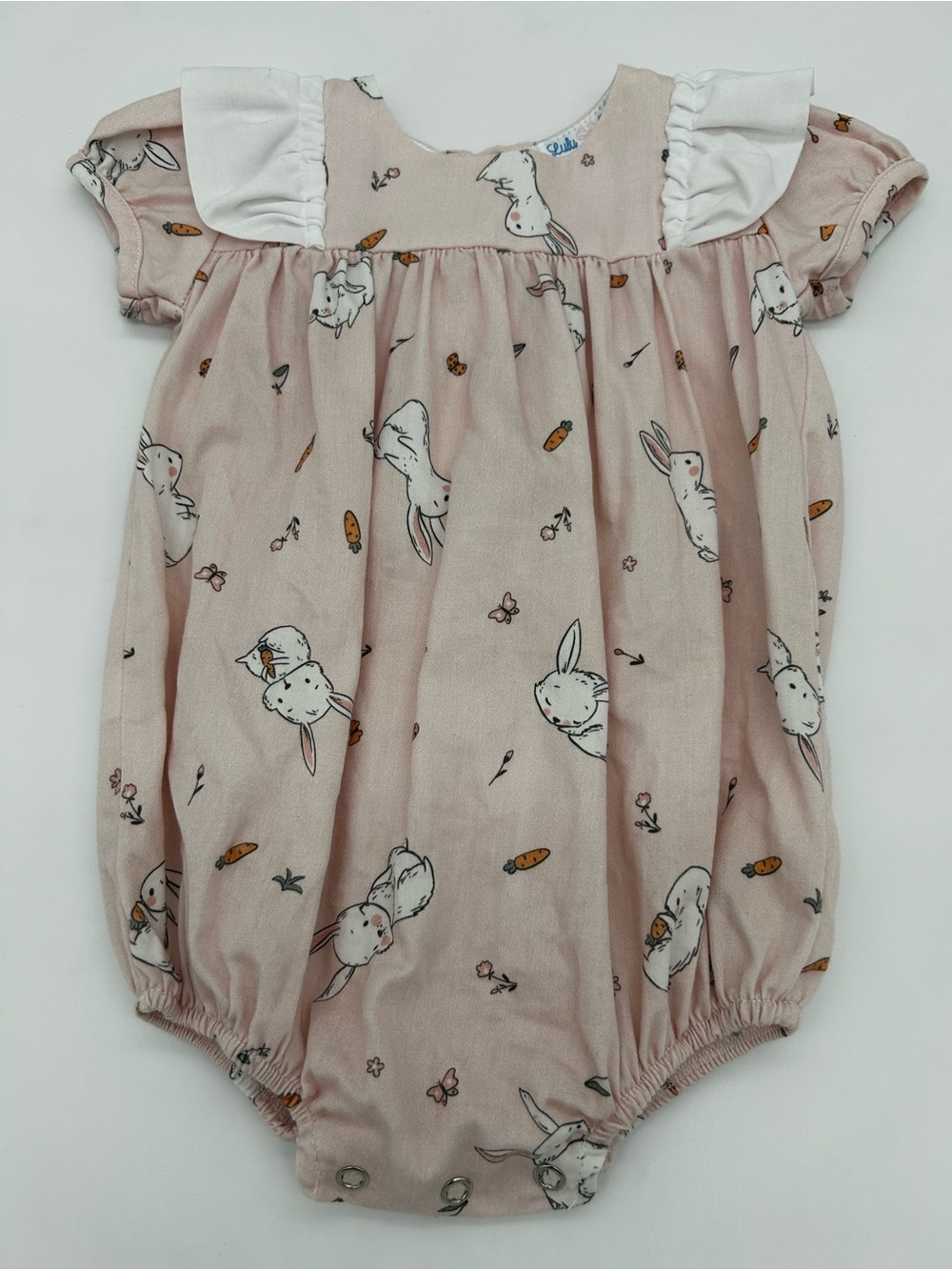 Baby Pink Bunny-Print Ruffle Shoulder Romper by Lulu Bebe Size 0M/Newborn